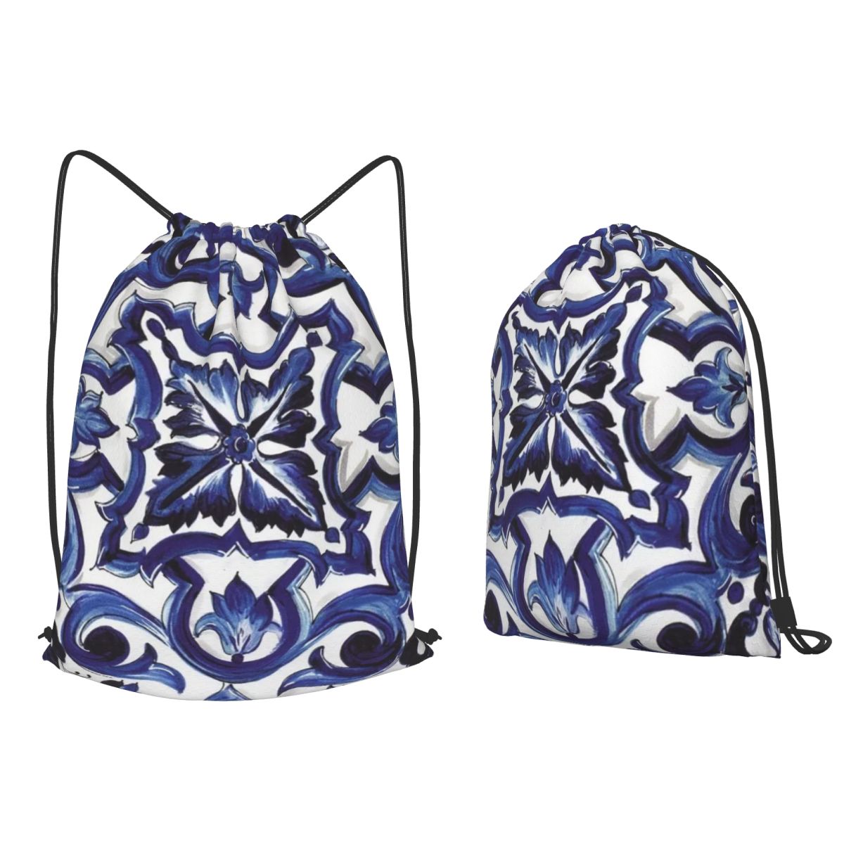 Tile Bag Drawstring - Niebieskie, zdobione kwiatowym wzorem, śródziemnomorskie, sizilianiejskie