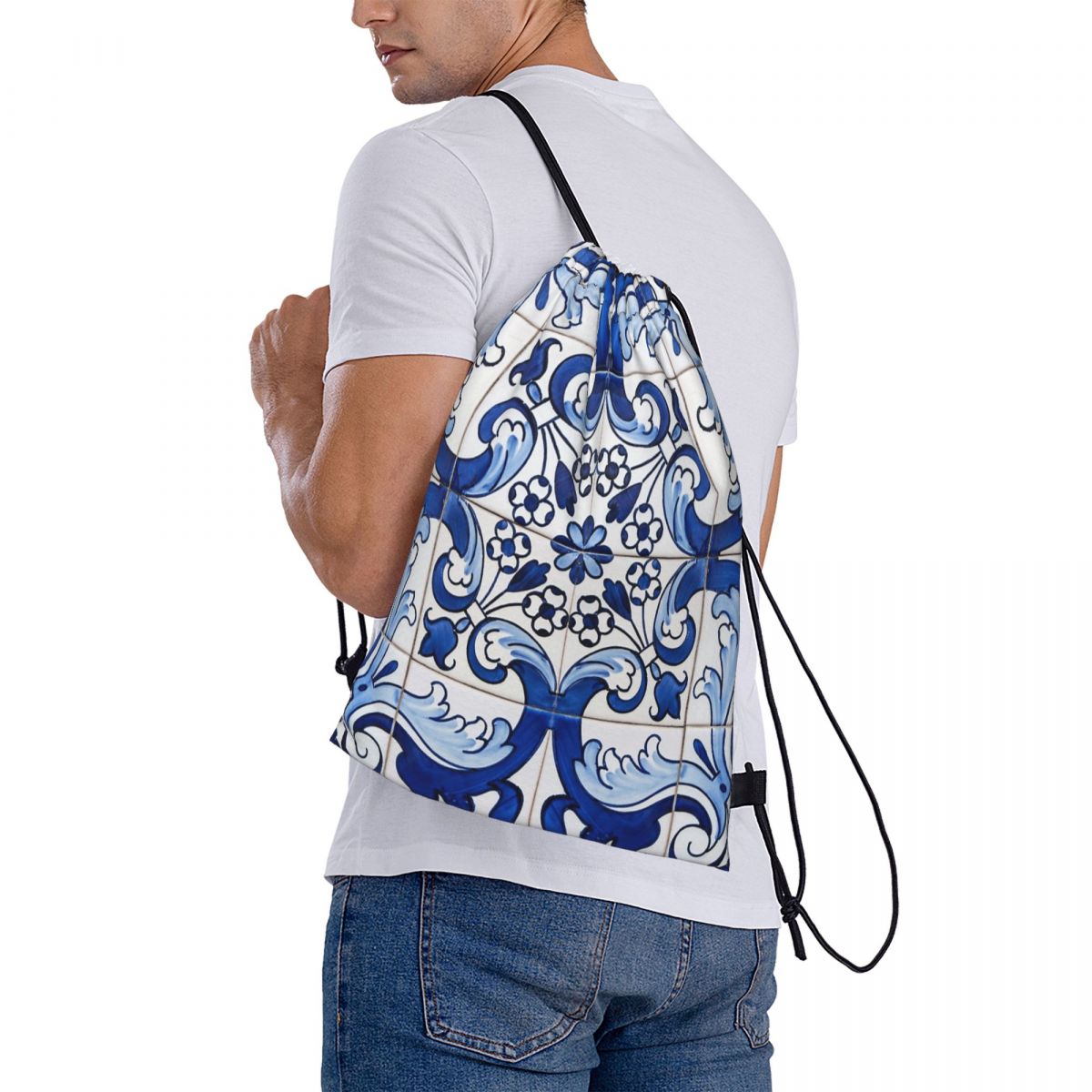 Tile Bag Drawstring - Antyczne Klasyczne Lisabonskie Niebieskie Azulejo Płytki