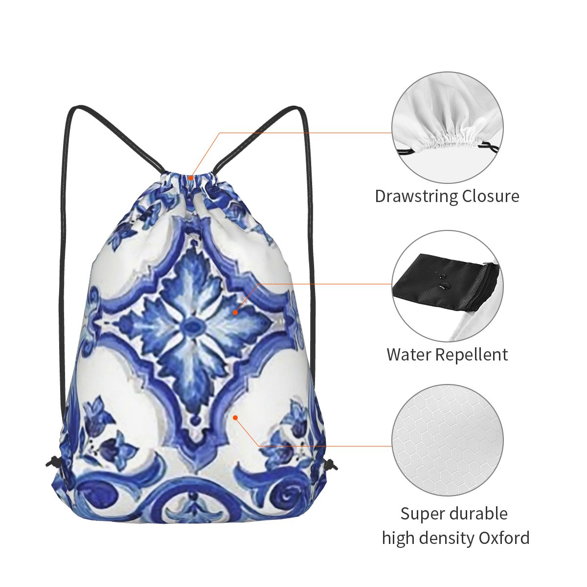 Niebieskie, zdobione kwiatami, – Tile Bag Drawstring recenzja i cena