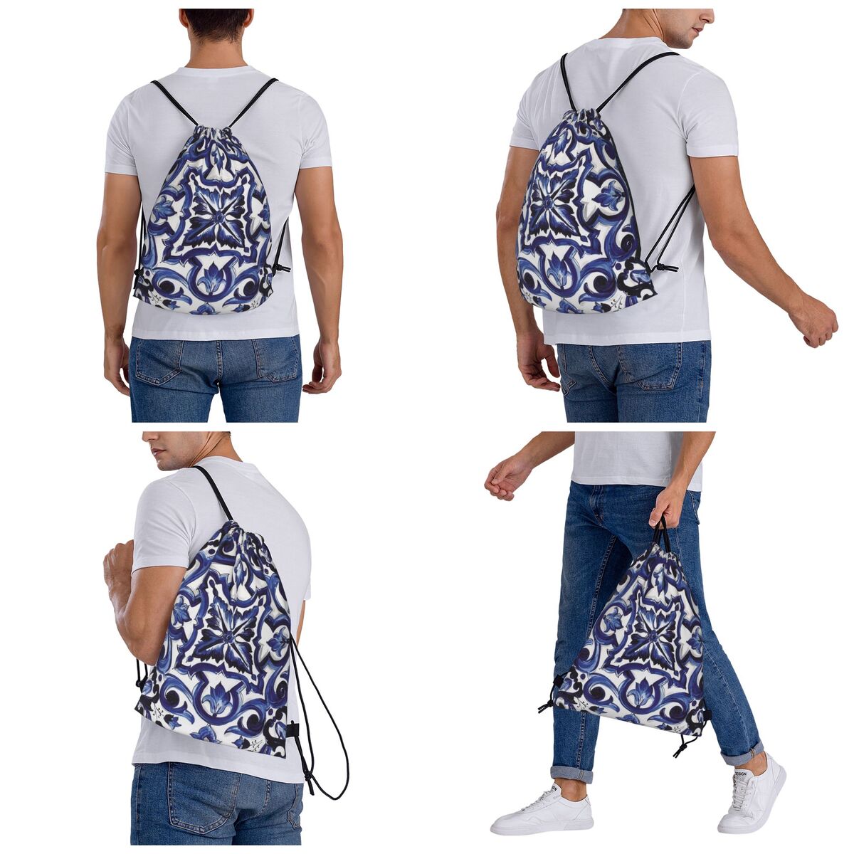 Niebieskie, zdobione kwiatami, – Tile Bag Drawstring recenzja i cena