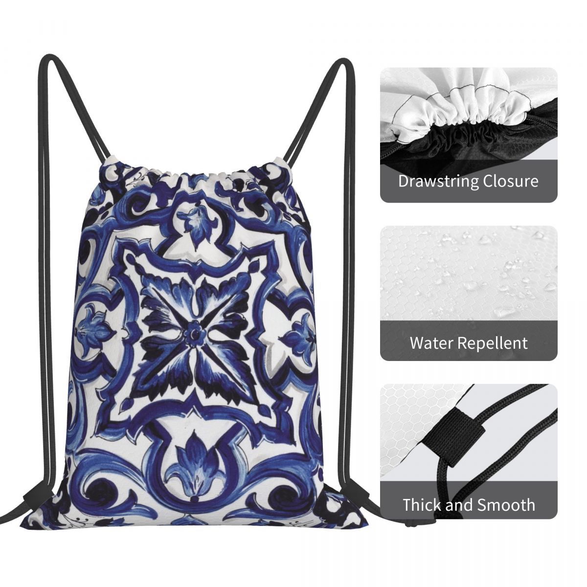 Niebieskie, zdobione kwiatami, – Tile Bag Drawstring recenzja i cena