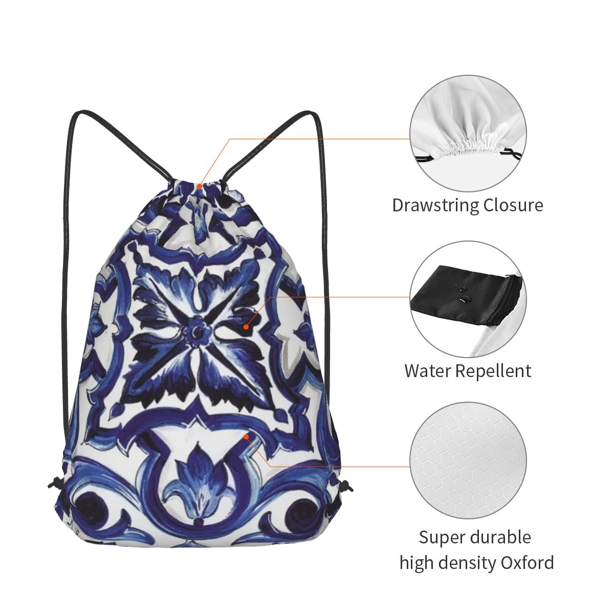 Niebieskie, zdobione kwiatowym – Tile Bag Drawstring recenzja i cena