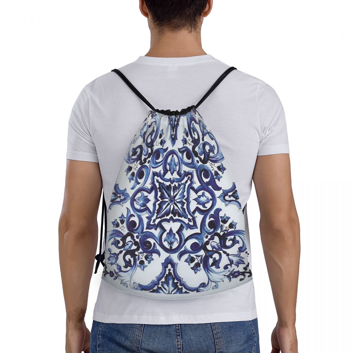 Niebieskie, zdobione kwiatami, – Tile Bag Drawstring recenzja i cena