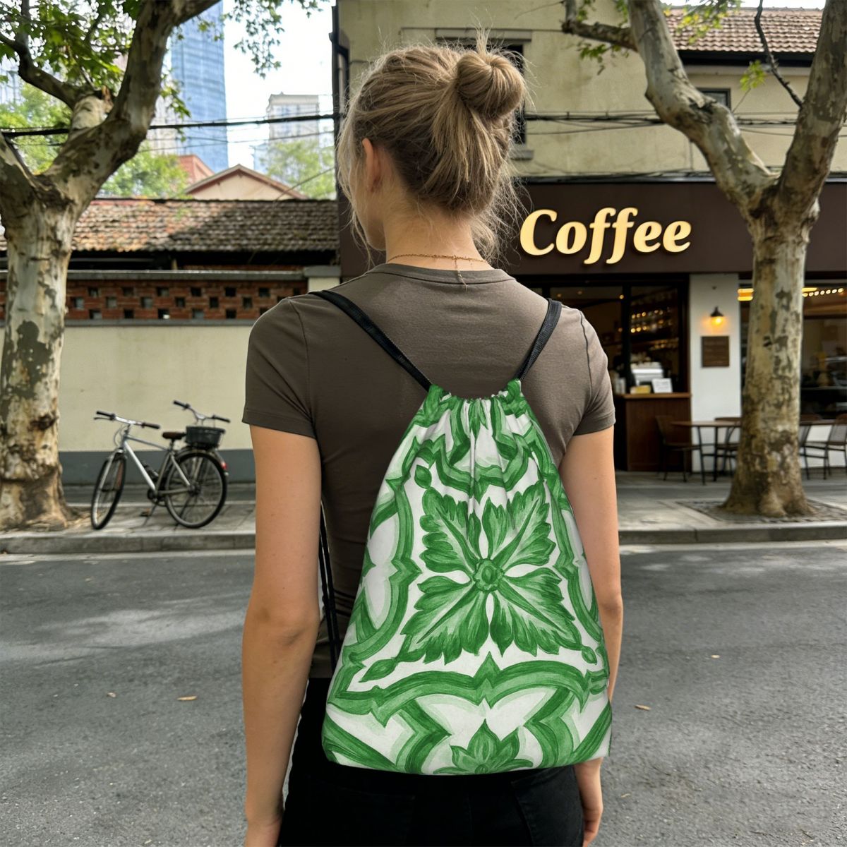 Zielone, zdobione kwiatami, śr – Tile Bag Drawstring recenzja i cena